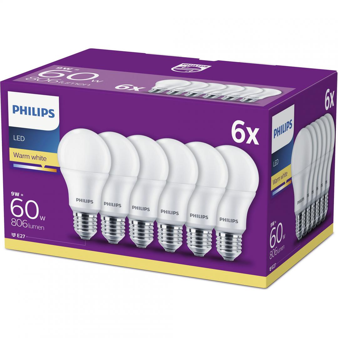 SET 6 becuri LED Philips, soclu E27, putere 9W, forma clasic, lumina alb calda, alimentare 220 - 240 V, "000008718696829998" (timbru verde 2.7 lei)