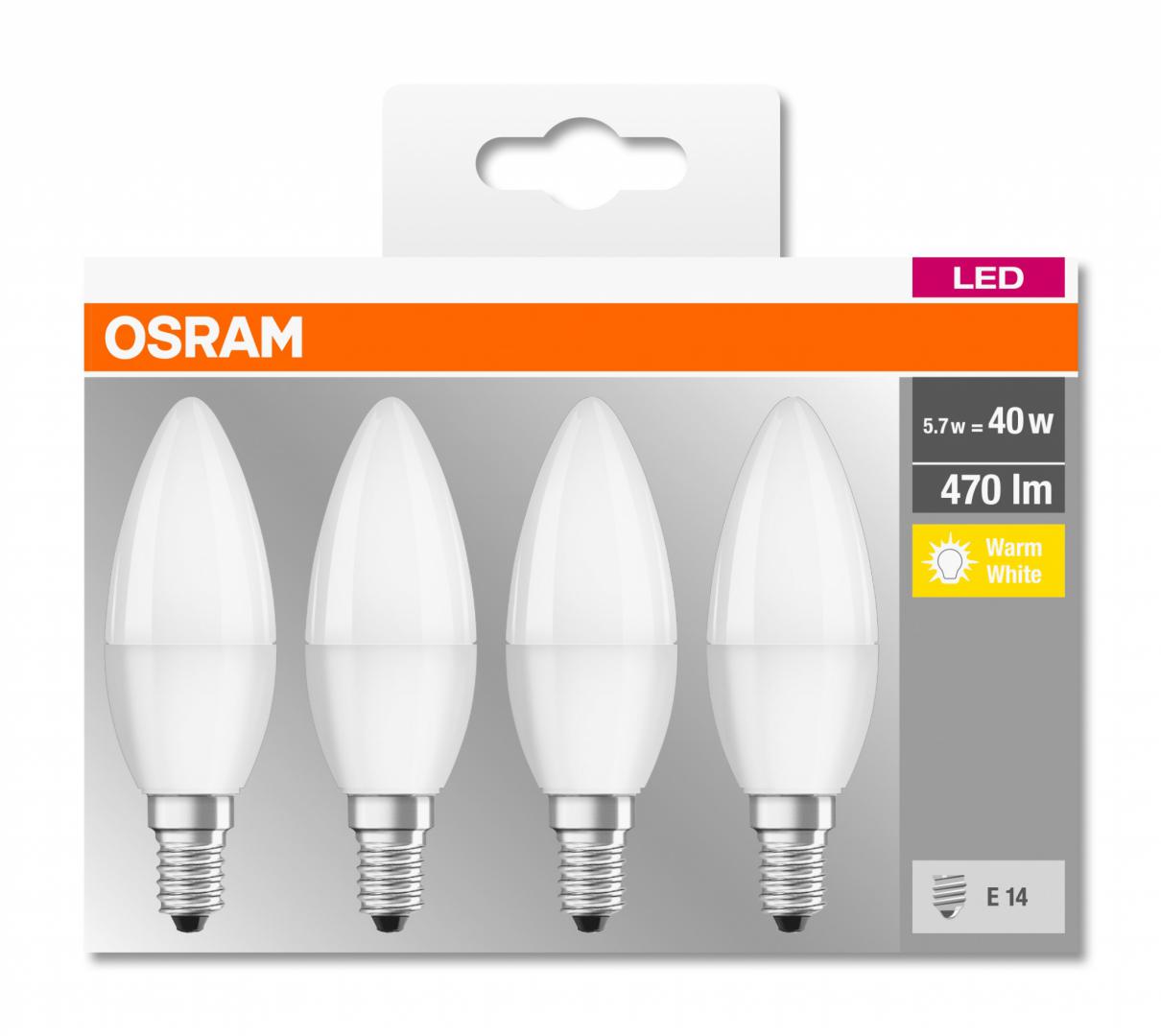 SET 4 becuri LED Osram, soclu E14, putere 5.7W, forma lumanare, lumina alb calda, alimentare 220 - 240 V, "000004058075819474" (timbru verde 1.80 lei)