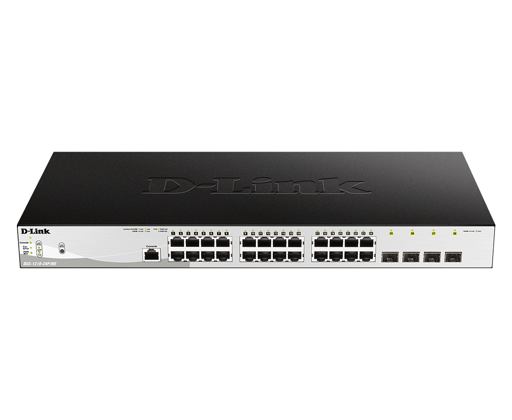 SWITCH PoE D-LINK Smart 24 porturi Gigabit (24 PoE) + 4 porturi 1G SFP, IEEE 802.3af/at, buget POE total 193 W, carcasa metalica. "DGS-1210-28P/ME" (timbru verde 2 lei)