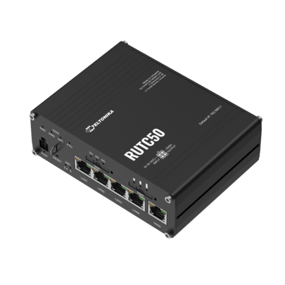 ROUTER LTE Teltonika, 1 x WAN port 10/100/1000 Mbps, 4 x LAN port 10/100/1000 Mbps, 802.11b/g/n/ac/ax, 5G Sub-6Ghz 2.4/3.4 Gbps, 4G LTE Cat 20 pana la 2Gbps, 3G 42 Mbps "RUTC50" (timbru verde 0.8 lei)
