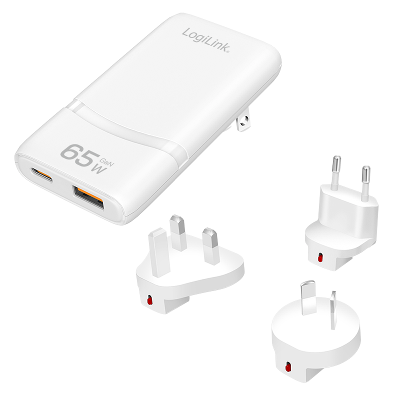 ALIMENTATOR retea 220V LOGILINK, universal, 1 x USB-C, 1 x USB-A, maxim 20V/3.25A, GaN 65W, tip travel: adaptor EU/UK/AU, suport OCP/OVP/OHP/SCP, compatibil EU/AUS/US/UK, alb, "PA0376" (timbru verde 0.18 lei)