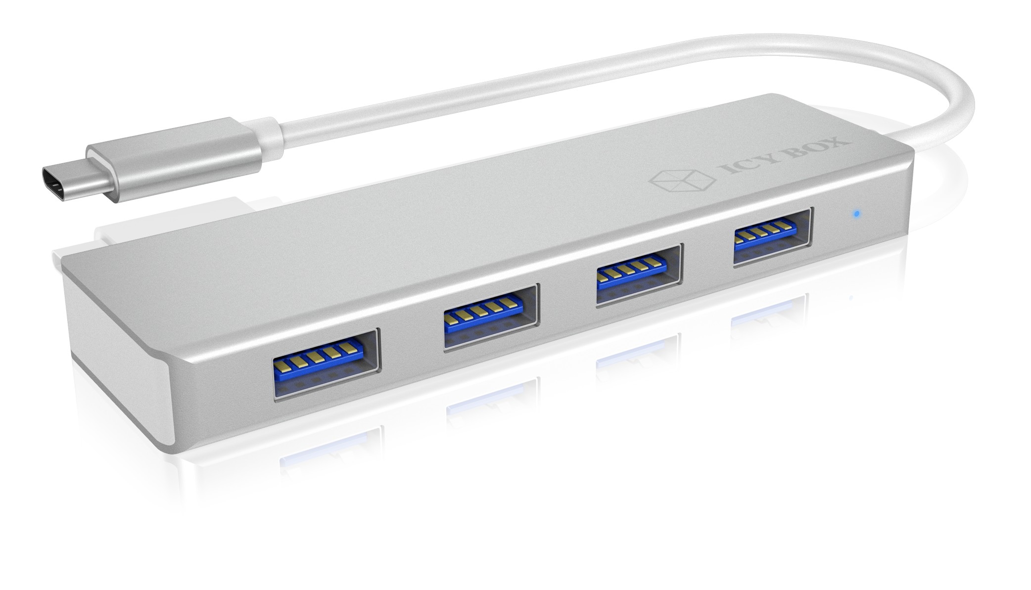 HUB extern Icy Box, porturi USB: USB 3.0 x 4, conectare prin USB Type-C, cablu 0.20m, aluminiu, alb, "IB-HUB1425-C3" (timbru verde 0.8 lei)