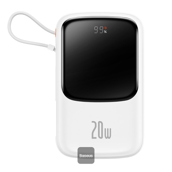 POWER BANK Baseus Qpow Pro Digital Display, 10000mAh, 20W, 1 x cablu integrat Iphone Lightning output, 1 x USB, 1 x USB Type-C, alb "PPQD060002" (timbru verde 0.98 lei) - 6932172620592