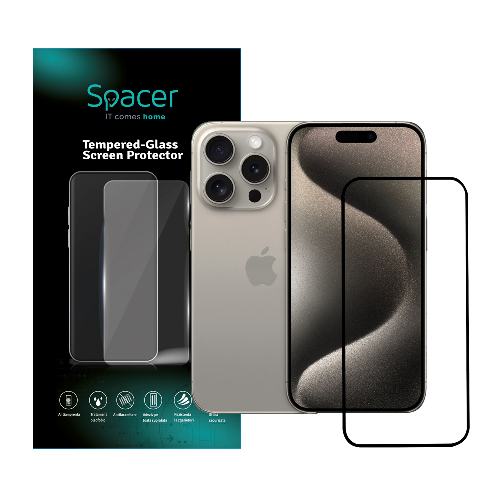 FOLIE STICLA Spacer pentru Iphone 15 Pro, grosime 0.3mm, acoperire totala ecran, strat special anti-ulei si anti-amprenta, Tempered Glass, sticla 9D, duritate 9H "SPPG-AP-IP15P-TG"