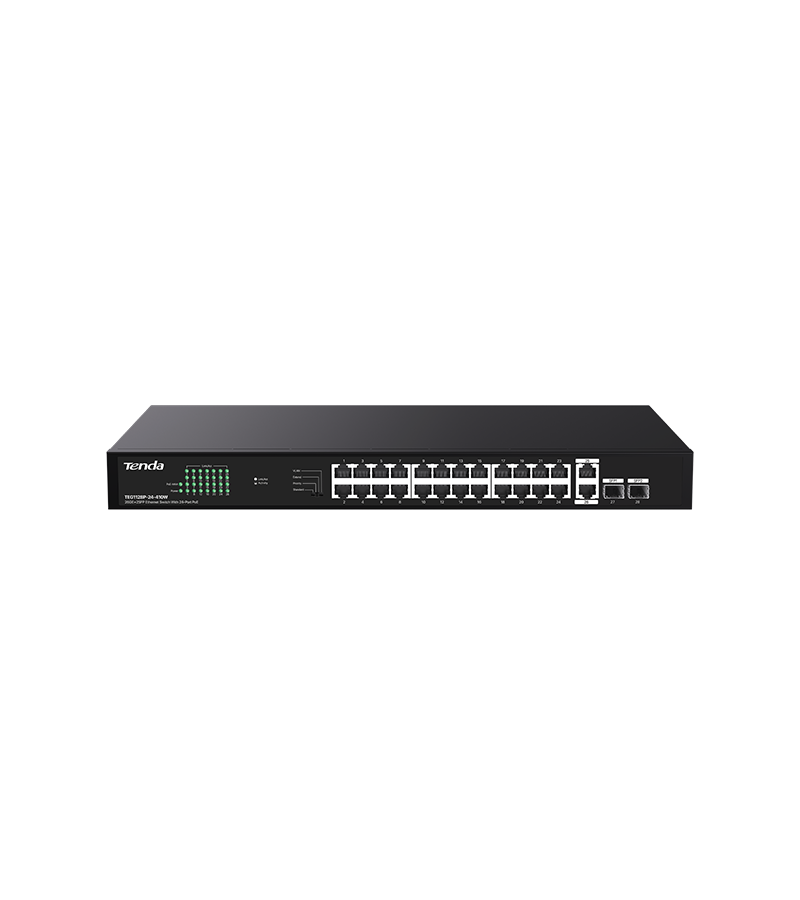SWITCH TENDA unmanaged, 24 porturi POE+ RJ-45 gigabit, 2 porturi uplink gigabit RJ-45 si 2 porturi SFP IEEE 802.3af/at, max PoE 410W, metalic "TEG1128P-24-410W" (timbru verde 2 lei)