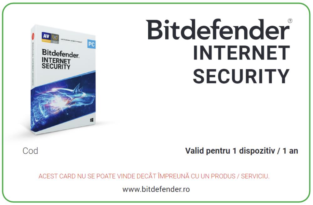SW RET INTERNET SECURITY / 1PC SCRATCH CARD BITDEFENDER,"IS03ZZCSN1201HEN"- valabile doar pe teritoriul Romaniei