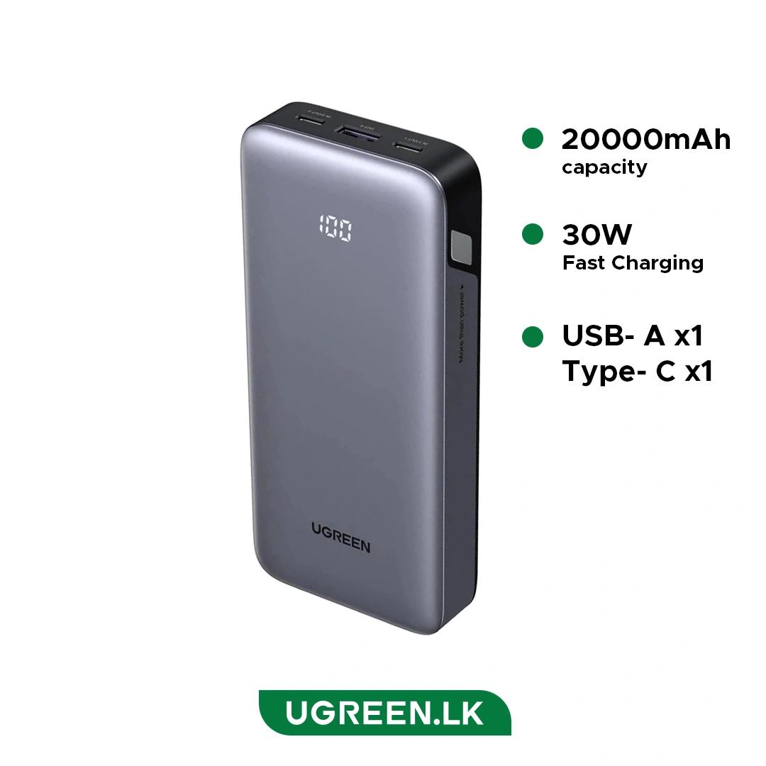 POWER BANK Ugreen, "PB532", 20000mAh, 30W, 2 x USB Type-C input/output, 1 x USB, display, gri, "55989B" (timbru verde 0.98 lei)
