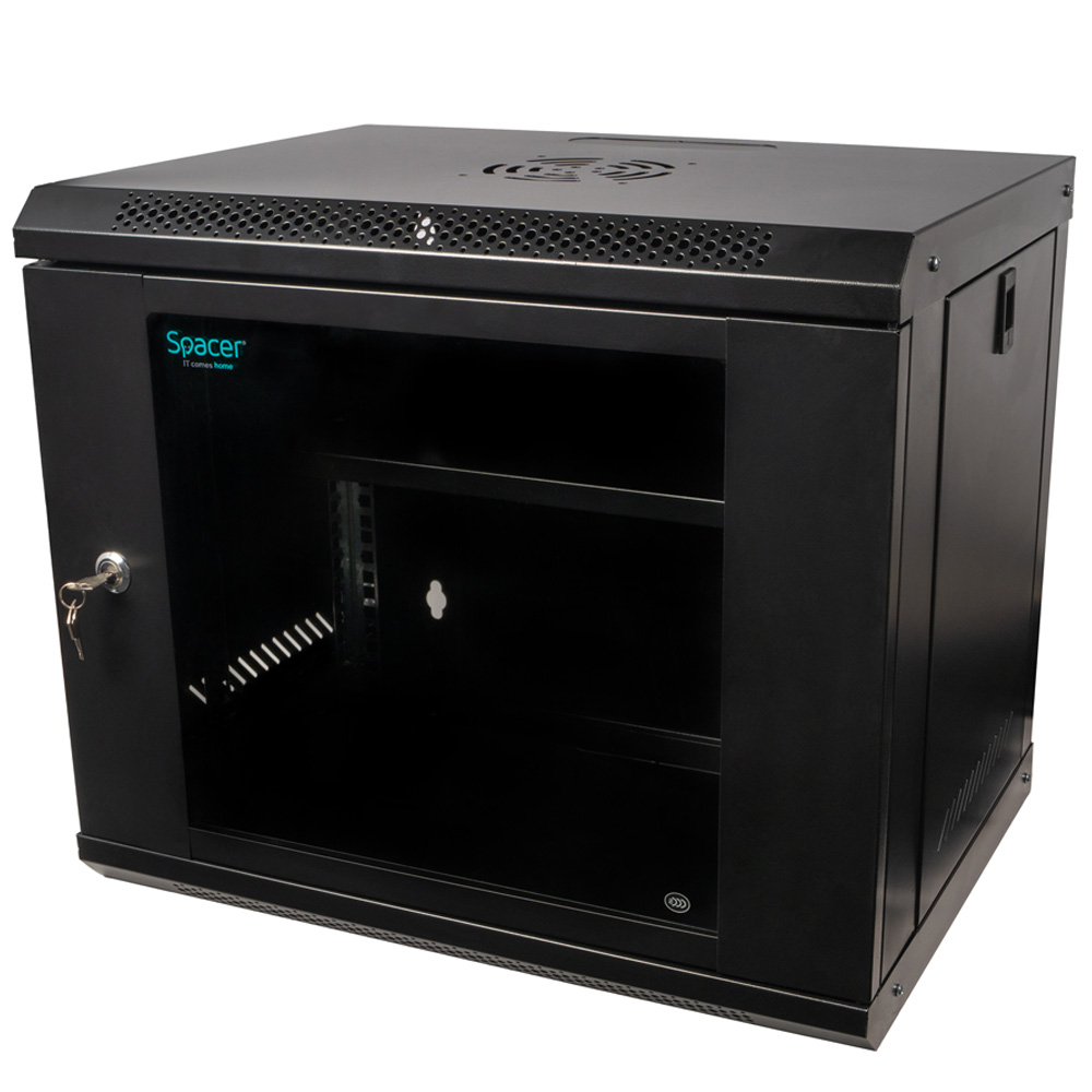 CABINET 19" SPACER 9U 500x450mm, fixare pe perete, Flatpack (dezasamblat), Black, usa sticla cu blocare, panouri detasabile, otel 1mm, sarcina maxima 25Kg, contine un raft, "SPCW-9U-450-BK-02"