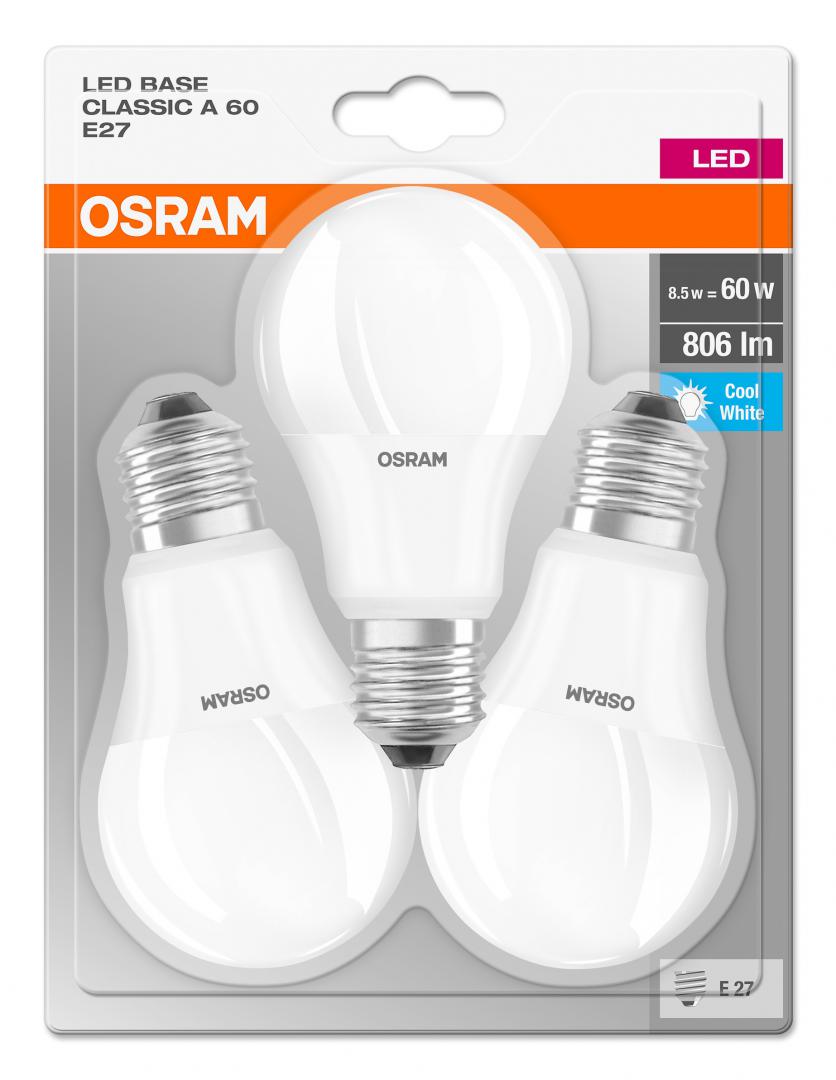 SET 3 becuri LED Osram, soclu E27, putere 8.5W, forma clasic, lumina alb, alimentare 220 - 240 V, "000004052899972636" (timbru verde 1.35 lei)