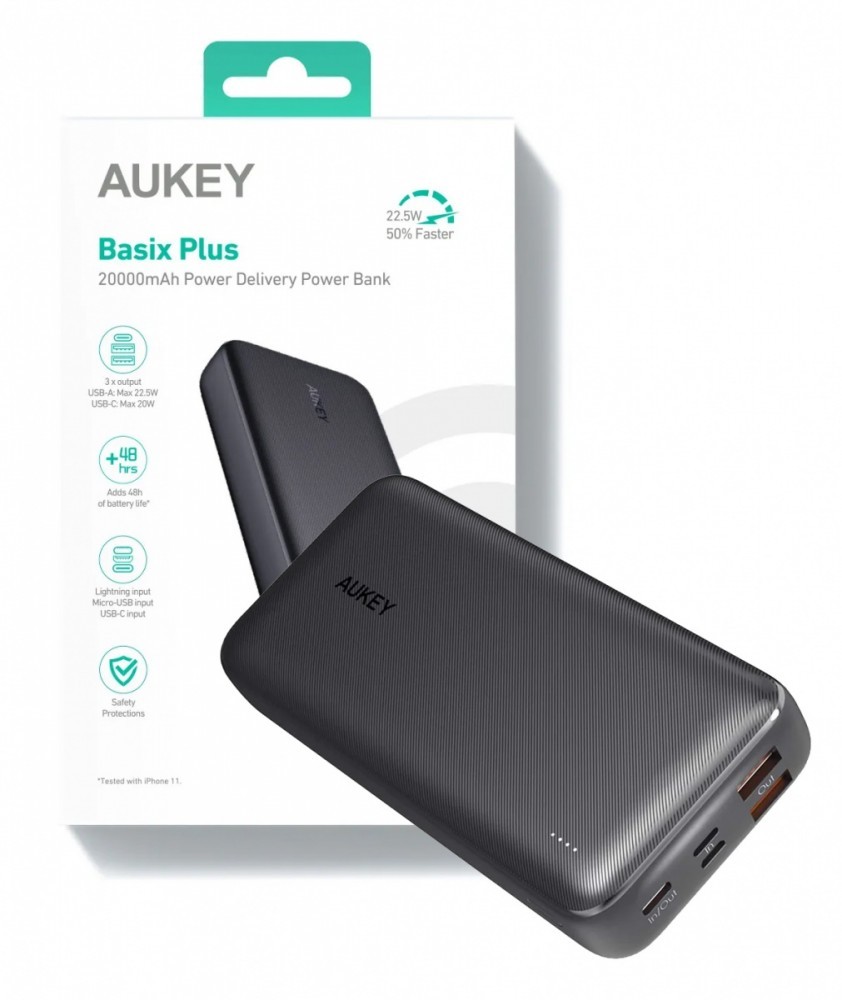 POWER BANK Aukey 20.000 mAh, 18W incarcare rapida 5-in-1, 1 x USB-C, 2 x USB-A, 1 x USB-Lighting, 1 x Micro-USB, 386g, negru, "EU001-LLTSN1018450C" (timbru verde 0.98 lei) - 608119200047