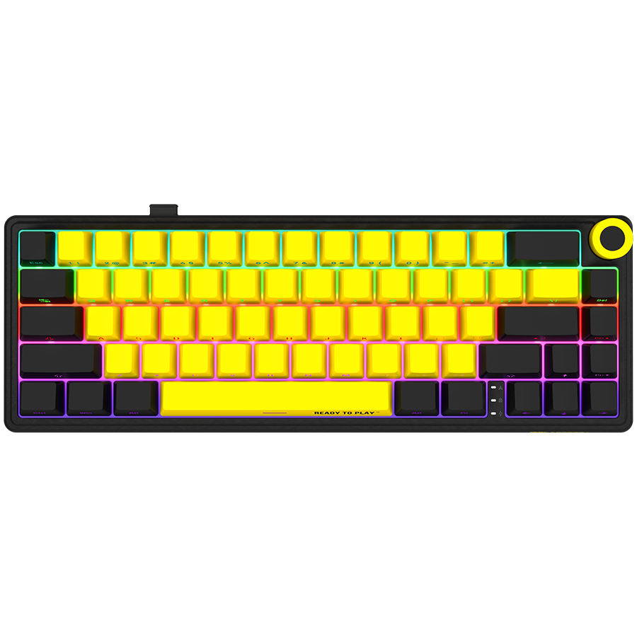 Wireless mechanical gaming keyboard Pro, 2.4 GHz, BT, RGB Backlight, 16 modes, 66 keys, 50M presses,, multimedia knob, built-in 3750 mAh battery, Hot Swap, cable 2.3m, black yellow "LRG-KBP70MW-YL-US" (timbru verde 0.8 lei)