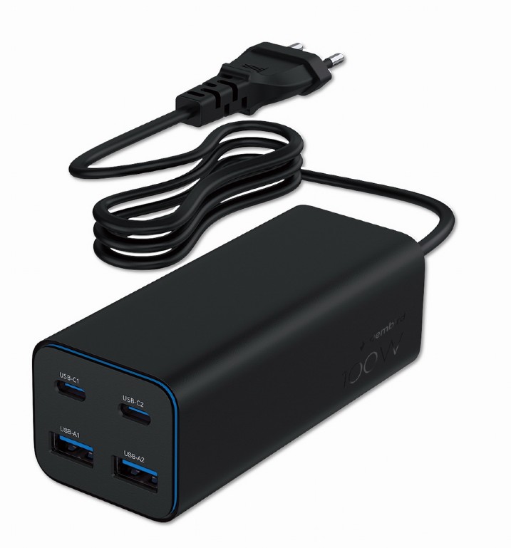 ALIMENTATOR retea 220V GEMBIRD, universal, 2 x USB-A + 2 x USB-C 3A , max. 100W PD GaN, protectie: scurtcircuit, supraincarcare, supratensiune, supraincalzire, cablu 1.5m, negru, "TA-UC-2A2C-PD100-01-BK" (timbru verde 0.8 lei)