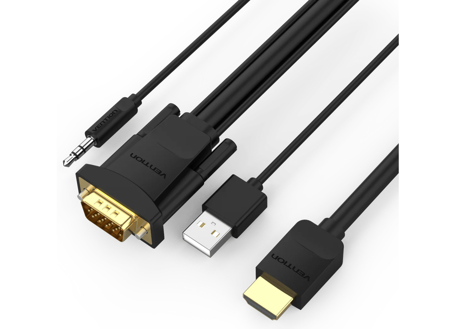 Cablu video Vention, HDMI(T) la VGA (T) + Jack 3.5mm+ USB 2.0, 2m, rezolutie 1080p la 60Hz, PVC, negru, "ABIBH" (timbru verde 0.08 lei) - 6922794746091