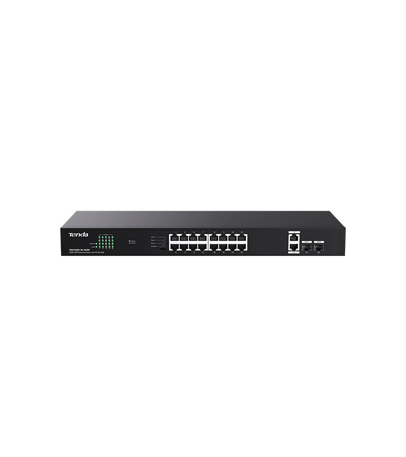 SWITCH TENDA unmanaged, 16 porturi POE RJ-45 gigabit, 2 porturi uplink gigabit RJ-45 si 2 porturi SFP IEEE 802.3af/at, max PoE 150W, metalic"TEG1120P-16-150W" (timbru verde 2 lei)