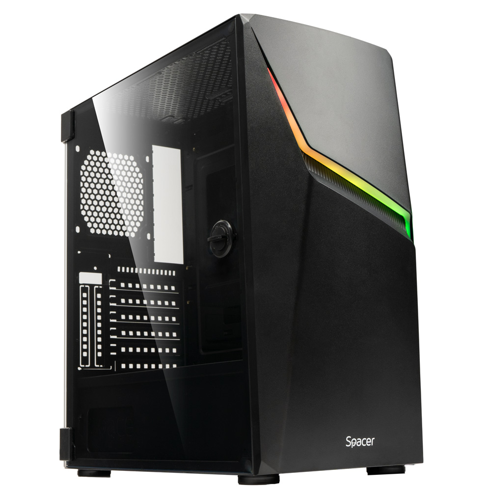 CARCASA SPACER - gaming, Middle Tower, ATX, "THUNDER", fara sursa, usa sticla securizata (balama), banda LED RGB, USB 2.0 x 2, USB 3.0 x 1, HD-Audio Jack 3.5mm x 2, mesh , "SPGC-THUNDER"