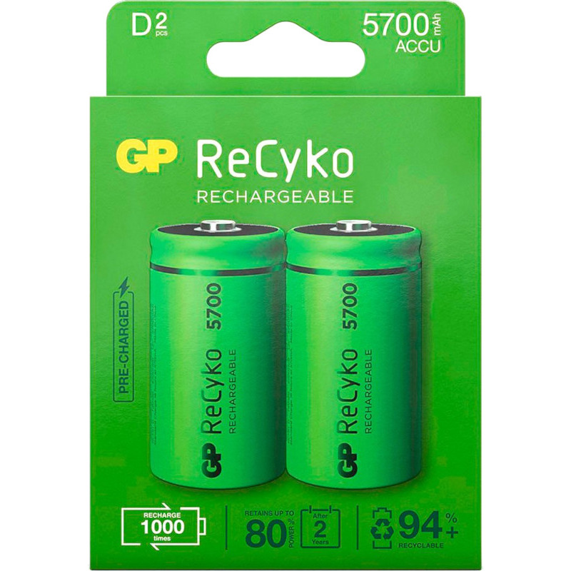Acumulatori GP Batteries, ReCyco 5700mAh D (R20) 1.2V NiMH, paper box 2 buc. 570DHCB-EB2, "GPRHC57DB025" (timbru verde 0.16 lei)