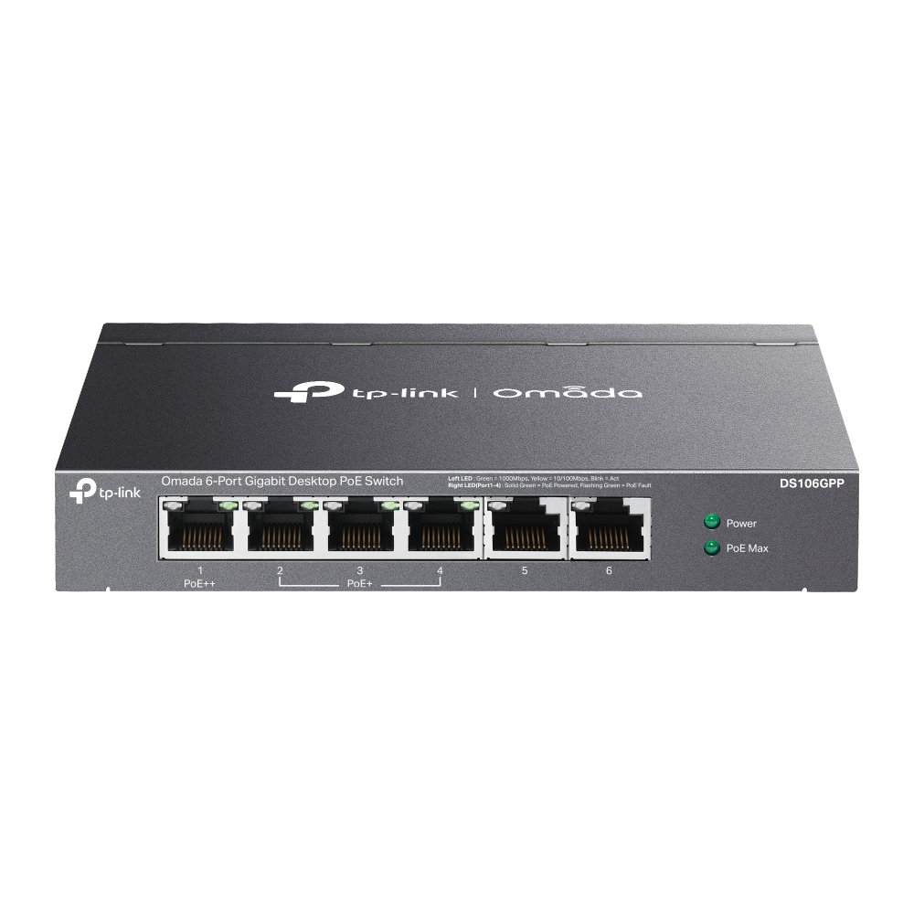 SWITCH TP-LINK Omada unmanaged, 6 porturi Gigabit (4 porturi POE+ buget total 64W), carcasa metalica "DS106GPP" (timbru verde 2 lei)