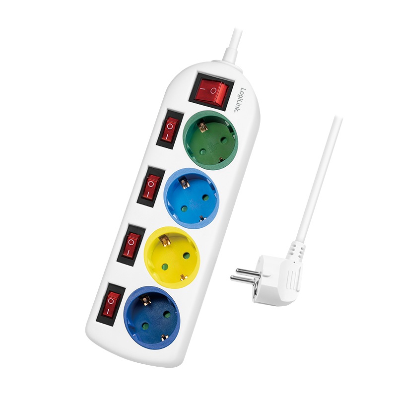 PRELUNGITOR LOGILINK, Schuko x 4, conectare prin Schuko (T), cablu 1.5 m, 16 A, protectie copii, alb/ multicolor, "LPS257" (timbru verde 0.18 lei)