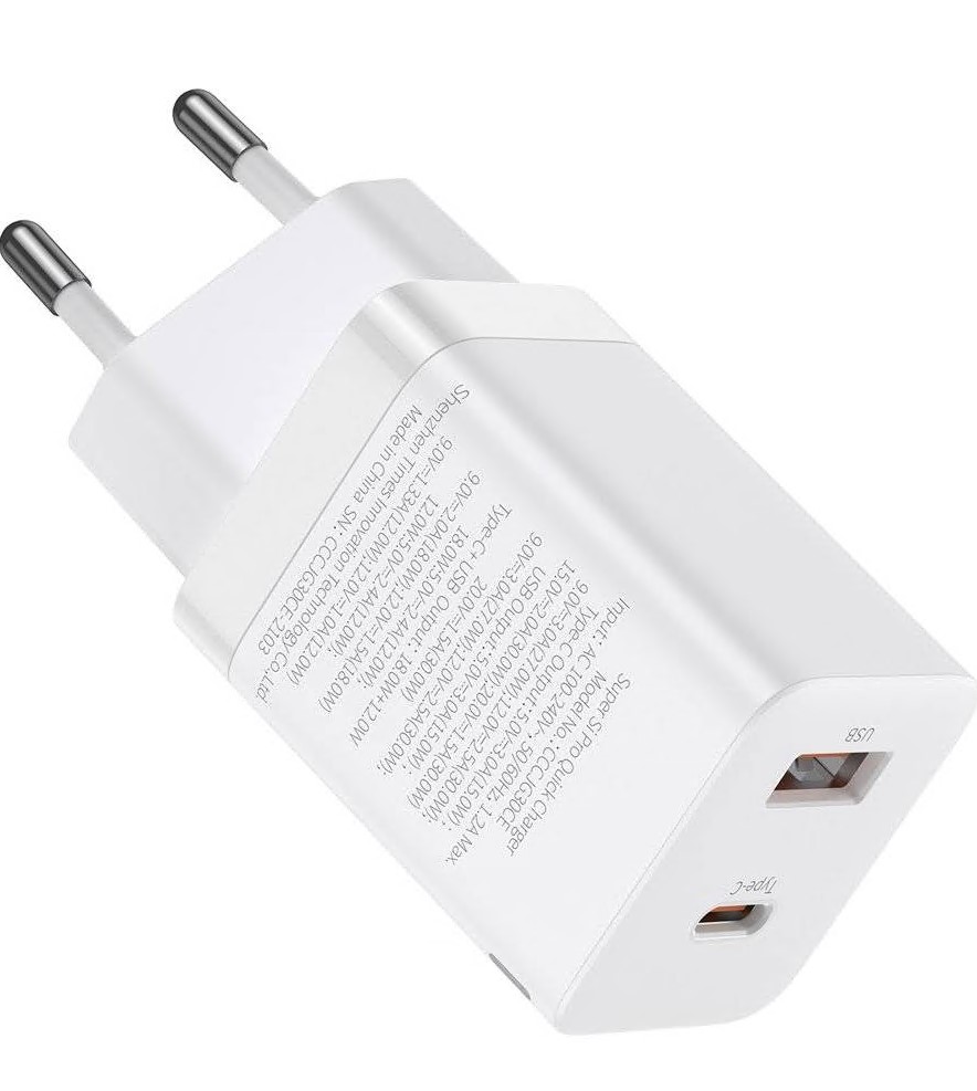 INCARCATOR retea Baseus Super Si Pro, Quick Charge 30W, 1 x USB 5V/3A, 1 x USB Type-C 5V/3A, alb "CCSUPP-E02" (timbru verde 0.18 lei) - 6953156206359