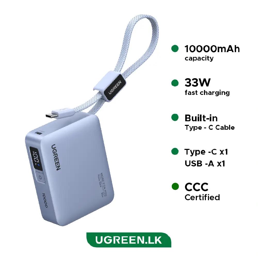 POWER BANK Ugreen "PB584", 10000mAh, 33W, 1 x USB, 1 x USB Type-C, 1 x USB Type-C integrat, display, gri, "75173B" (timbru verde 0.98 lei)