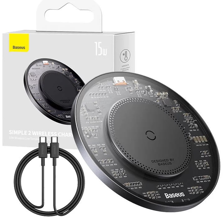 INCARCATOR wireless Baseus Simple Qi 15W, compatibilitate smartphones, cablu Type-C la Type-C 1m inclus, negru "CCJJ050001" (timbru verde 0.18 lei) - 6932172624507