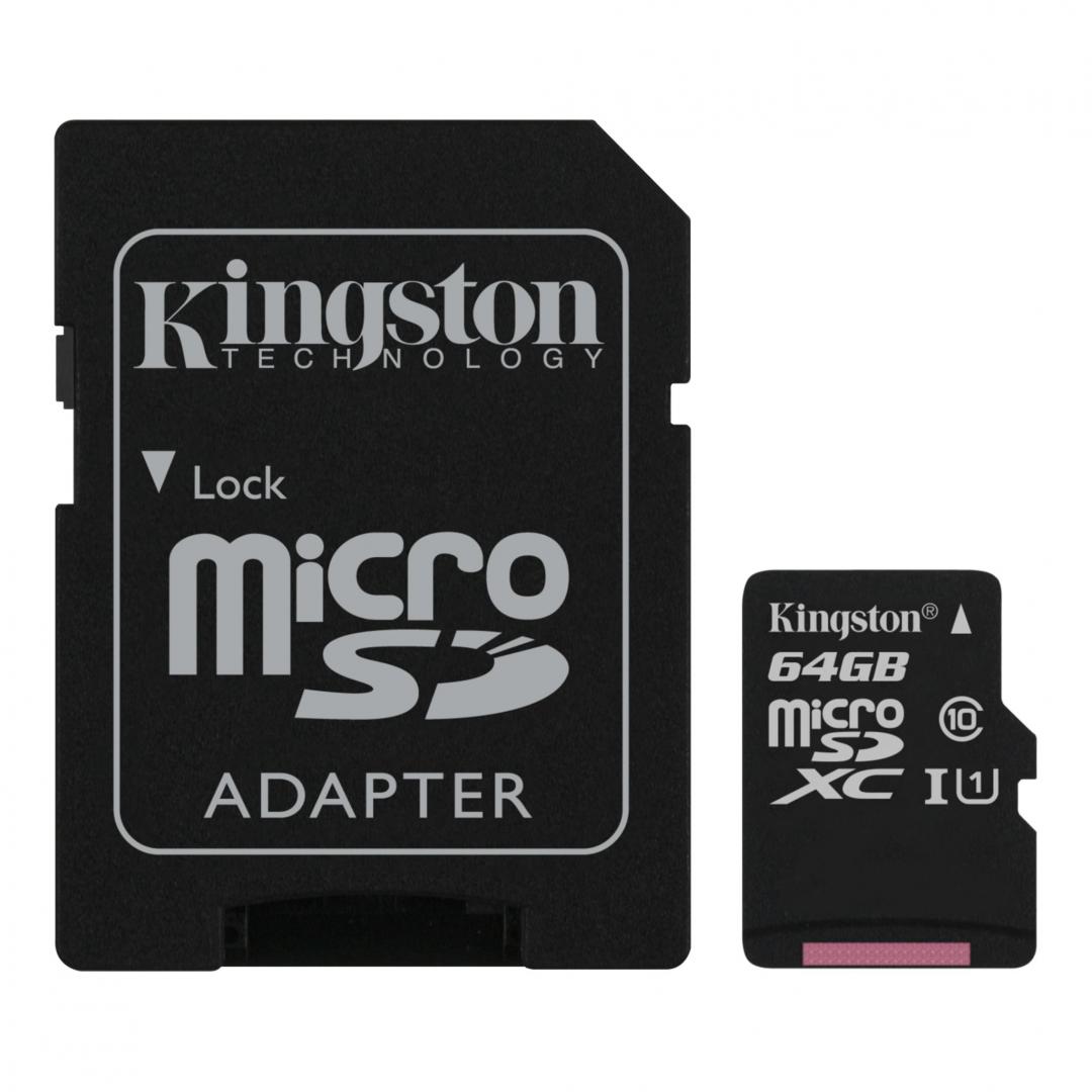 CARD MicroSD KINGSTON, 64 GB, microSDXC, clasa 10, standard UHS-I U1, "SDCS2/64GB" (timbru verde 0.03 lei)