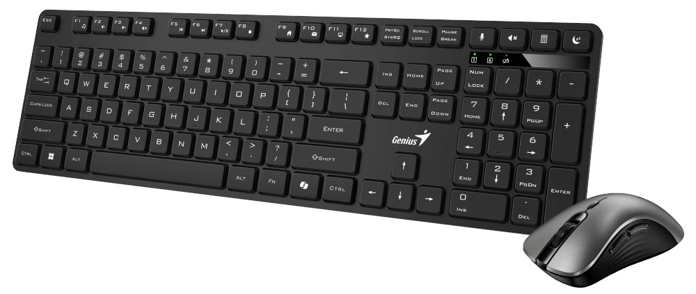 KIT wireless GENIUS, tastatura wireless 104 taste (slim) + mouse wireless 1200dpi, 3 butoane, 11 taste functii multimedia, silent, AI key, black, "KM-8216S", SmartGenius app "31340018400" (timbru verde 0.8 lei)