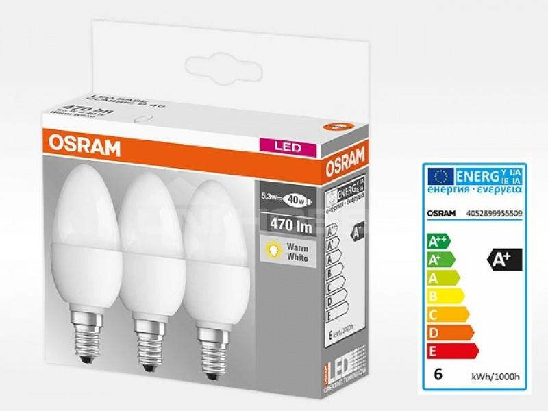 SET 3 becuri LED Osram, soclu E14, putere 5.5W, forma clasic, lumina alb calda, alimentare 220 - 240 V, "000004052899955509" (timbru verde 1.35 lei)