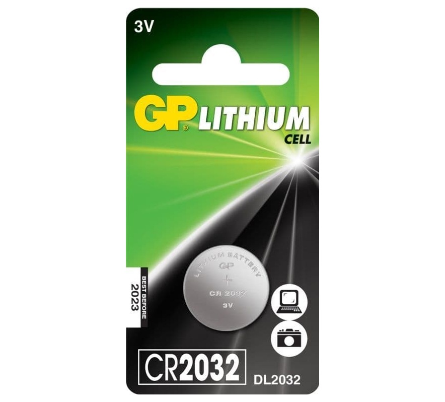 Baterie GP Batteries, butoni (CR2032) 3V lithium, blister 1 buc. "GPCR2032-2CPU1" "GPPBL2032185" (timbru verde 0.01 lei)