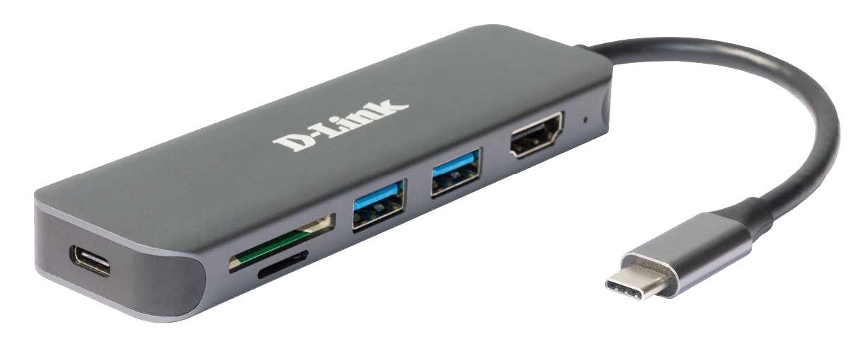 HUB extern D-LINK, porturi 2xSuperSpeed USB 3.0, 1xUSB-C with data sync & PD-60W,1xHDMI 4k,Dual-Slot SD/microSD/SDHC/SDXC Card Reader, conec USB-C,cablu 10 cm,met,arg "DUB-2327" (timbru verde 0.8lei)