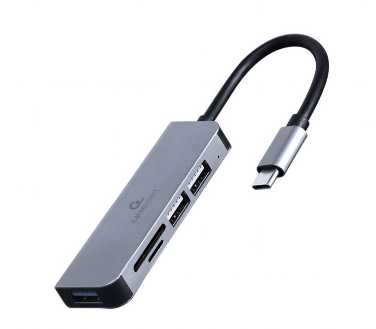 HUB extern GEMBIRD, porturi USB: USB 3.1 x 1, USB 2.0 x 2, conectare prin USB Type-C, suport SD / MicroSD, argintiu, "UHB-CM-CRU3P1U2P2-01" (timbru verde 0.8 lei)