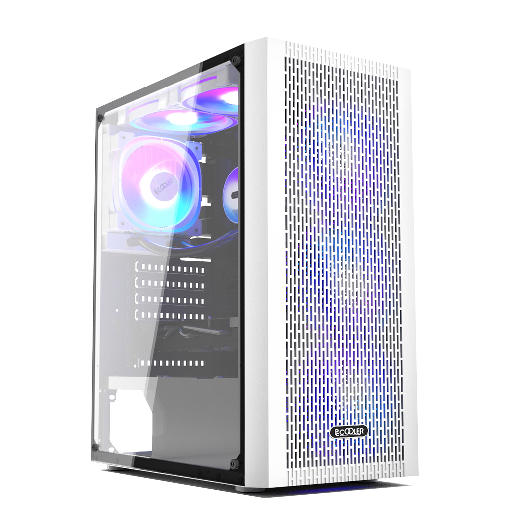 CARCASA PCCOOLER, Middle Tower, ATX, fara sursa, sticla securizata, 3 ventilatoare incluse, iluminare ARGB, alb, USB 3.2 gen 1 x 1, USB 2.0 x 2, mic, audio, "MA100 MESH W"