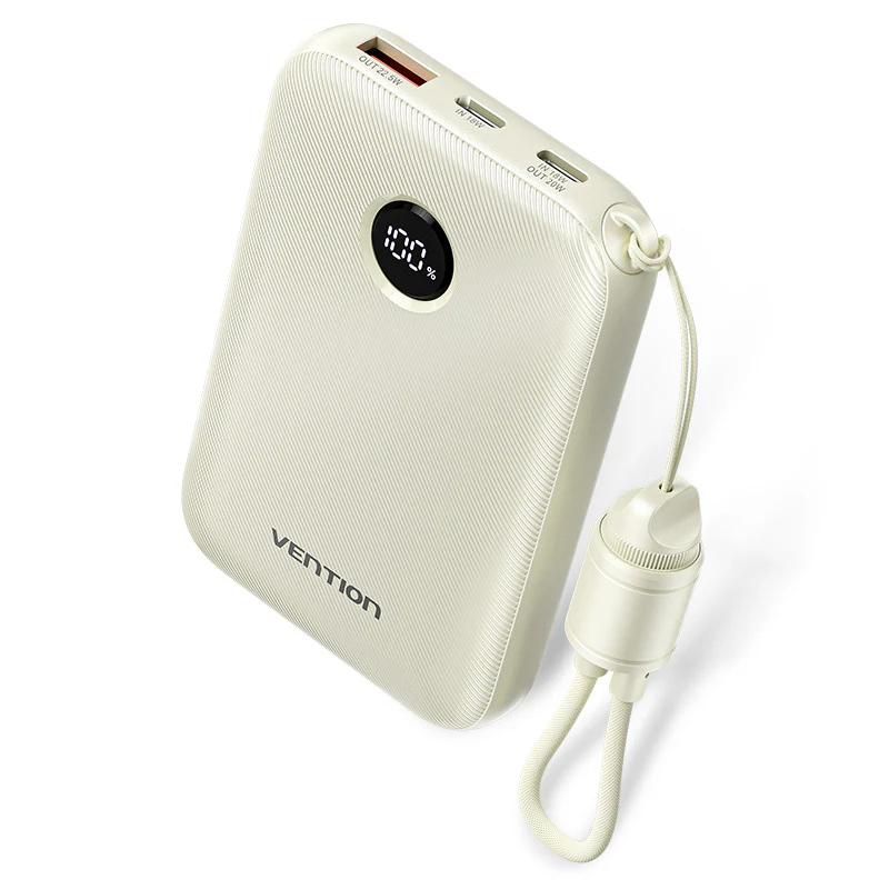 Power Bank Vention 10000mAh Power Bank (USB-C + USB-C/USB-C/USB-A) with Built-in USB-C to USB-C Cable 22.5W Beige LED Display Type , "FKAN0-C" - 6922794791275