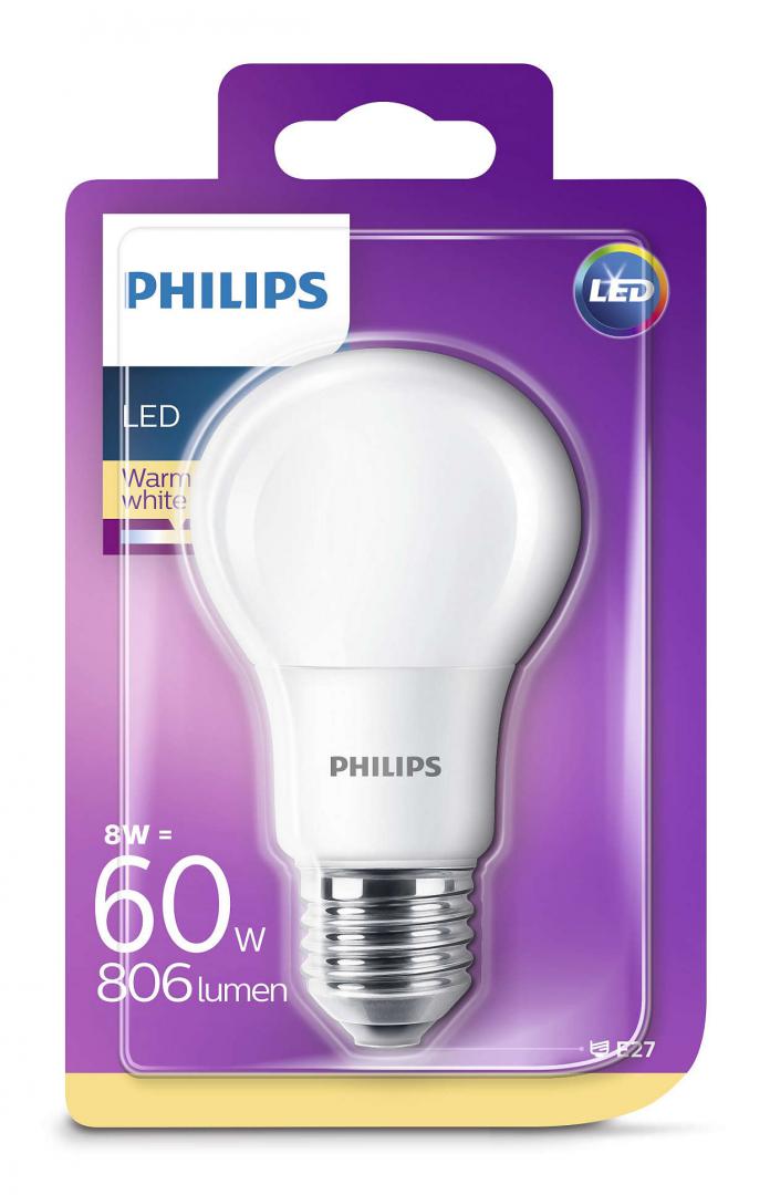 BEC LED Philips, soclu E27, putere 8W, forma clasic, lumina alb calda, alimentare 220 - 240 V, "000008718696577073" (timbru verde 0.45 lei)