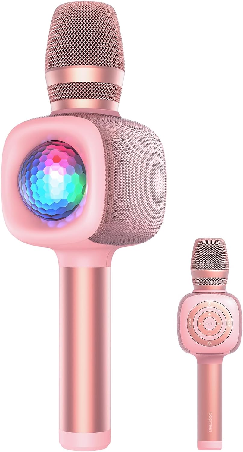 Microfon OneOdio, wireless, conectare prin Bluetooth 5.2, sensibilitate -52 dB, acumulator 1800 mAh, karaoke | Iluminare | 4 moduri voce, roz, "Bopmen-Star-10-Pink" (timbru verde 0.18lei)