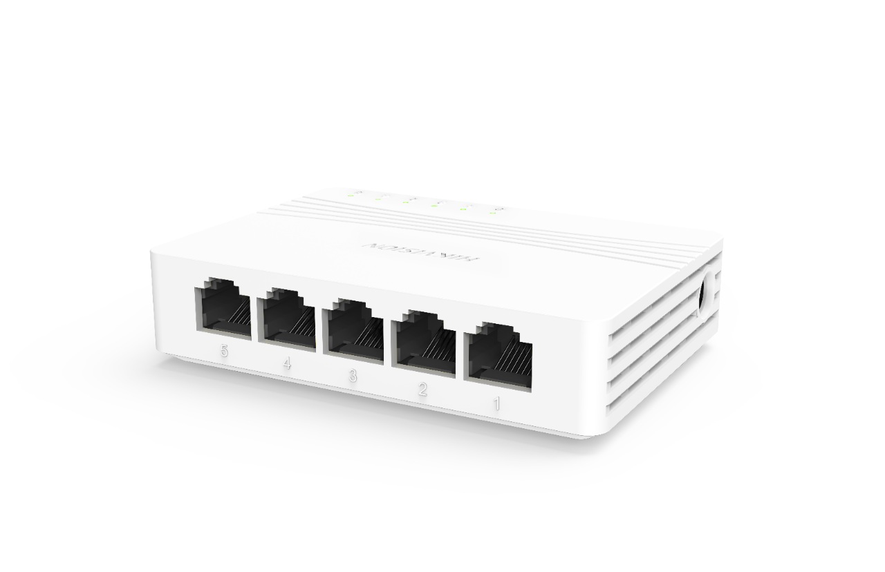 SWITCH Hikvision, Gigabit x 5, carcasa plastic, "DS-3E0505D-E" (timbru verde 2 lei)