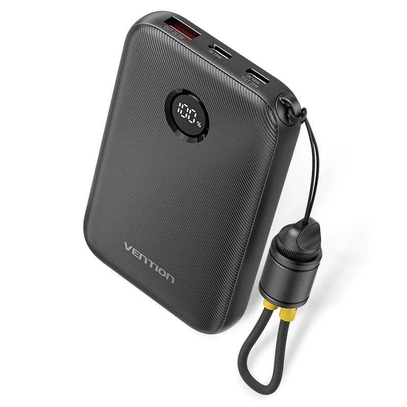 Power Bank Vention 10000mAh Power Bank (USB-C + USB-C/USB-C/USB-A) with Built-in USB-C to USB-C Cable 22.5W Black LED Display Type , "FKAB0-C" - 6922794791237