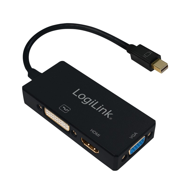 CABLU video LOGILINK, splitter Mini-DisplayPort (T) la HDMI (M) + DVI-I DL (M) + VGA (M), 10cm, rezolutie maxima 4K UHD (3840 x 2160) la 30 Hz, negru, "CV0110" (timbru verde 0.08 lei)