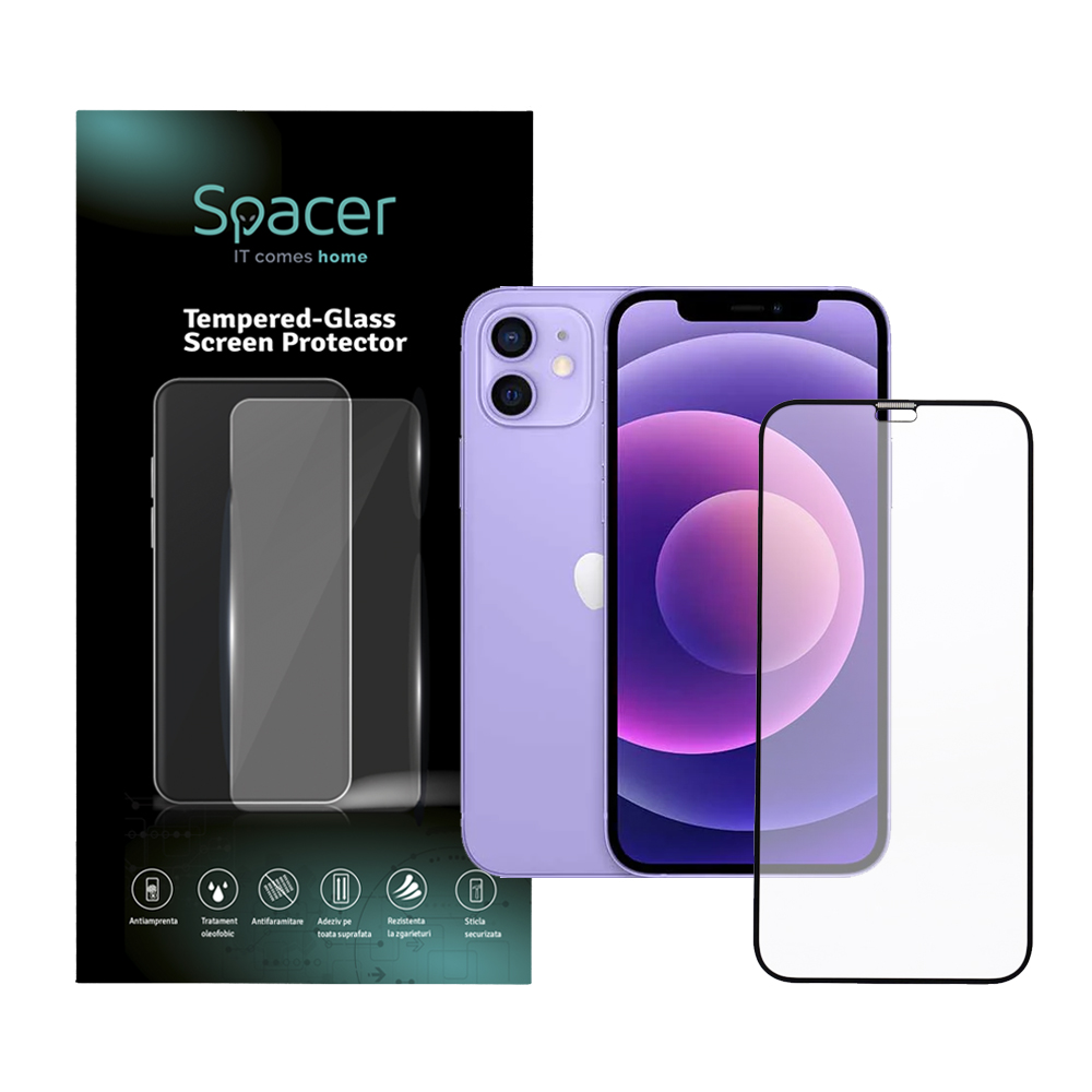 FOLIE STICLA Spacer pentru Iphone 12 Mini, grosime 0.3mm, acoperire totala ecran, strat special anti-ulei si anti-amprenta, Tempered Glass, sticla 9D, duritate 9H "SPPG-AP-IP12M-TG"