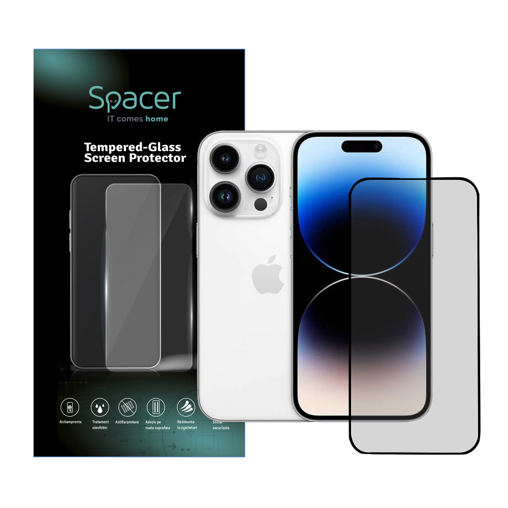 FOLIE STICLA Spacer pentru Iphone 14 Pro, grosime 0.3mm, acoperire totala ecran, strat special anti-ulei si anti-amprenta, Tempered Glass, sticla 9D, duritate 9H "SPPG-AP-IP14P-TG"