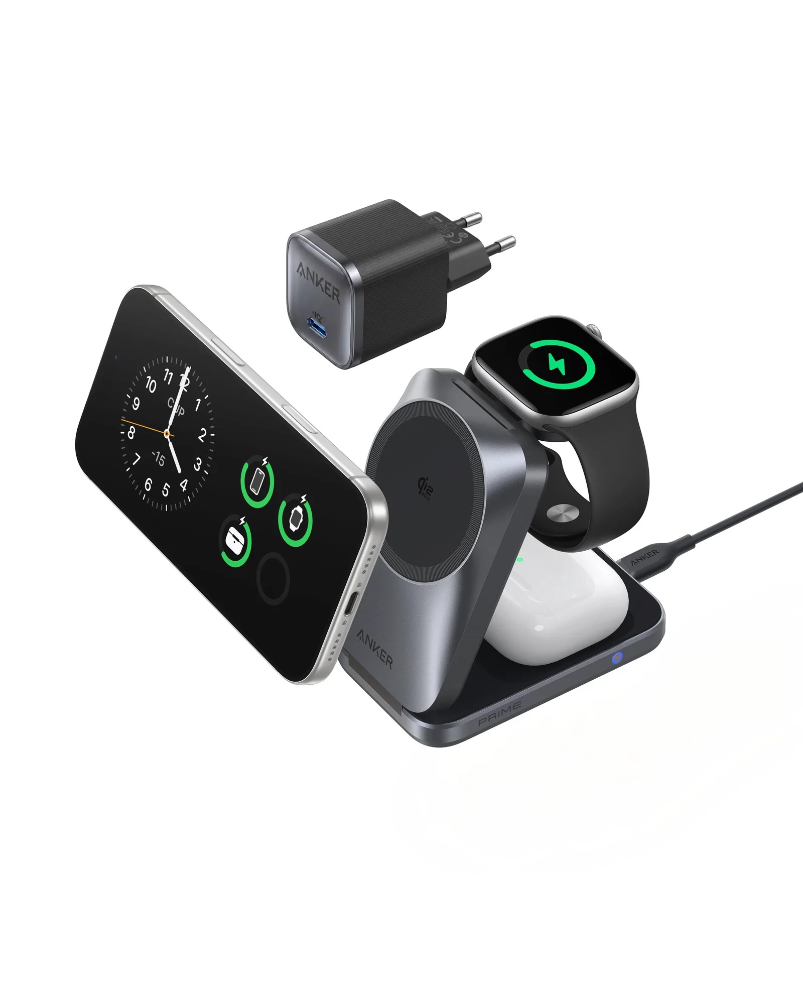 Statie de incarcare wireless 3 in 1 Anker, Prime, 45W, portabil, pliabil, fast charge, pentru iPhone seriile 12-17, Apple Watch, AirPods,exceptie iPhone 17 Air, 1 x USB-C incarcare, gri, "B25N1G11" - 0194644321809 - imagine 2