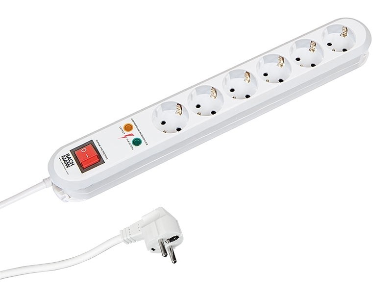 PRELUNGITOR Bachmann, Schuko x 6, conectare prin Schuko (T), cablu 1.5 m, 16 A, protectie supratensiune, alb, "381.2501K" (timbru verde 0.18 lei)