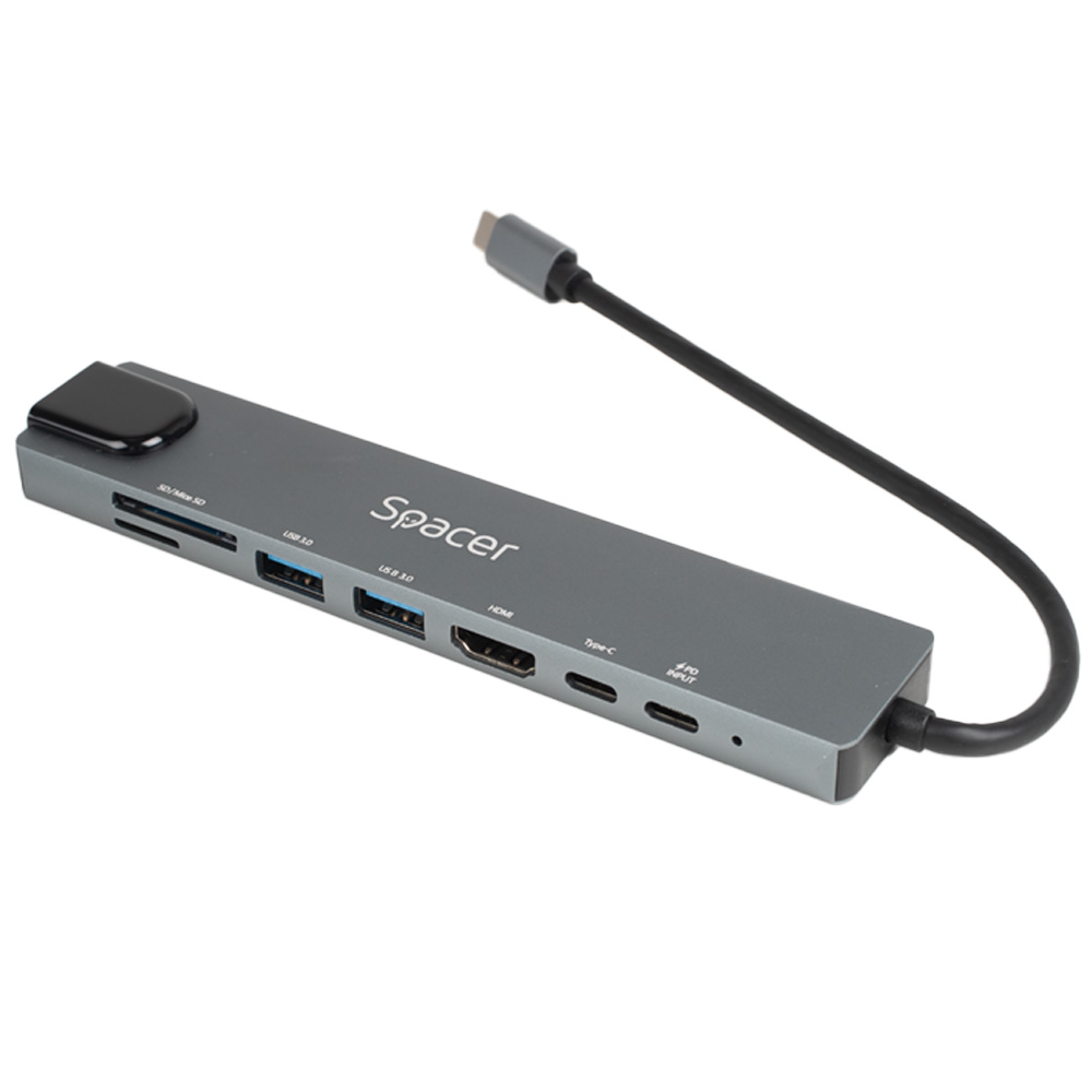 DOCKING Station Spacer universal 8 in 1, conectare Type-C, USB 3.0 x 2|USB Type C x 1|PD 100W x 1|HDMI x 1 4K (30Hz)|RJ-45 (1000Mb/s)| SD Cardx1| TF (MicroSD)x1, Gri, Aluminiu, "SPDS-TypeC-CHUPSG-8in1" (timbru verde 0.18 lei)