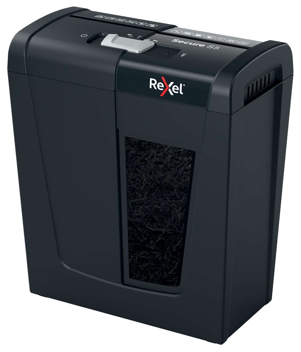 Distrugator manual documente Rexel SECURE S5, 5 coli, P2, strip-cut (tip fasii), cos 10 litri, negru, "2020121EU" (timbru verde 11 lei)