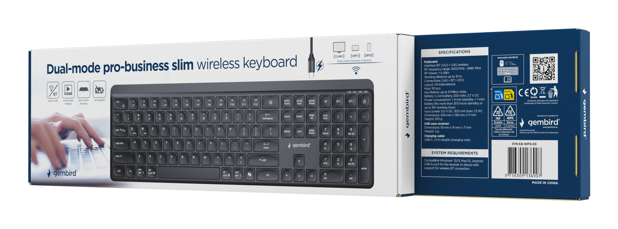 TASTATURA GEMBIRD wireless, dual-mode BT v5.1 + 2.4Ghz, 110 taste, Li-ion 300mAh, USB-C, black, "KB-WPS-03" - imagine 8