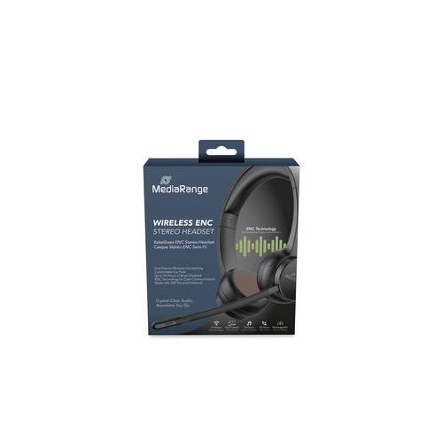 MediaRange Wireless ENC Stereo Headset with rotatable microphone arm, Function Buttons, Rechargeable 400mAh Battery, 2-Device Pairing (BT Ver. 5.2), Black "MROS307" (timbru verde 0.18 lei)