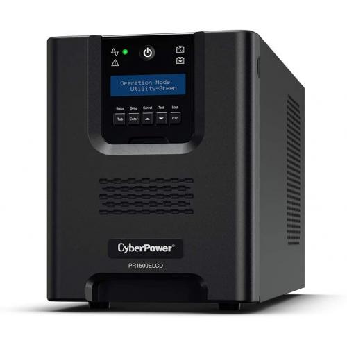 UPS CYBER POWER Online dubla conversie cu sin. pura, cu management, Tower, LCD, 1500VA/1350W, 2x Schuko, 2x IEC, baterie 4x 12V/7Ah, incarcare pana la 4h, USB, RS232, slot SNMP, APFC, LCD col, EPO, tehn. GreenP, "OLS1500EA-DE" (timbru verde 11 lei)