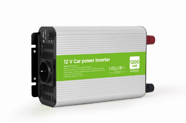 INVERTER GEMBIRD cu sinusoida simulata, Inverter auto, 1200W, Schuko x 1, USB 5V / 2.1A, baterie 10-16V, "EG-PWC1200-01", (timbru verde 4 lei)