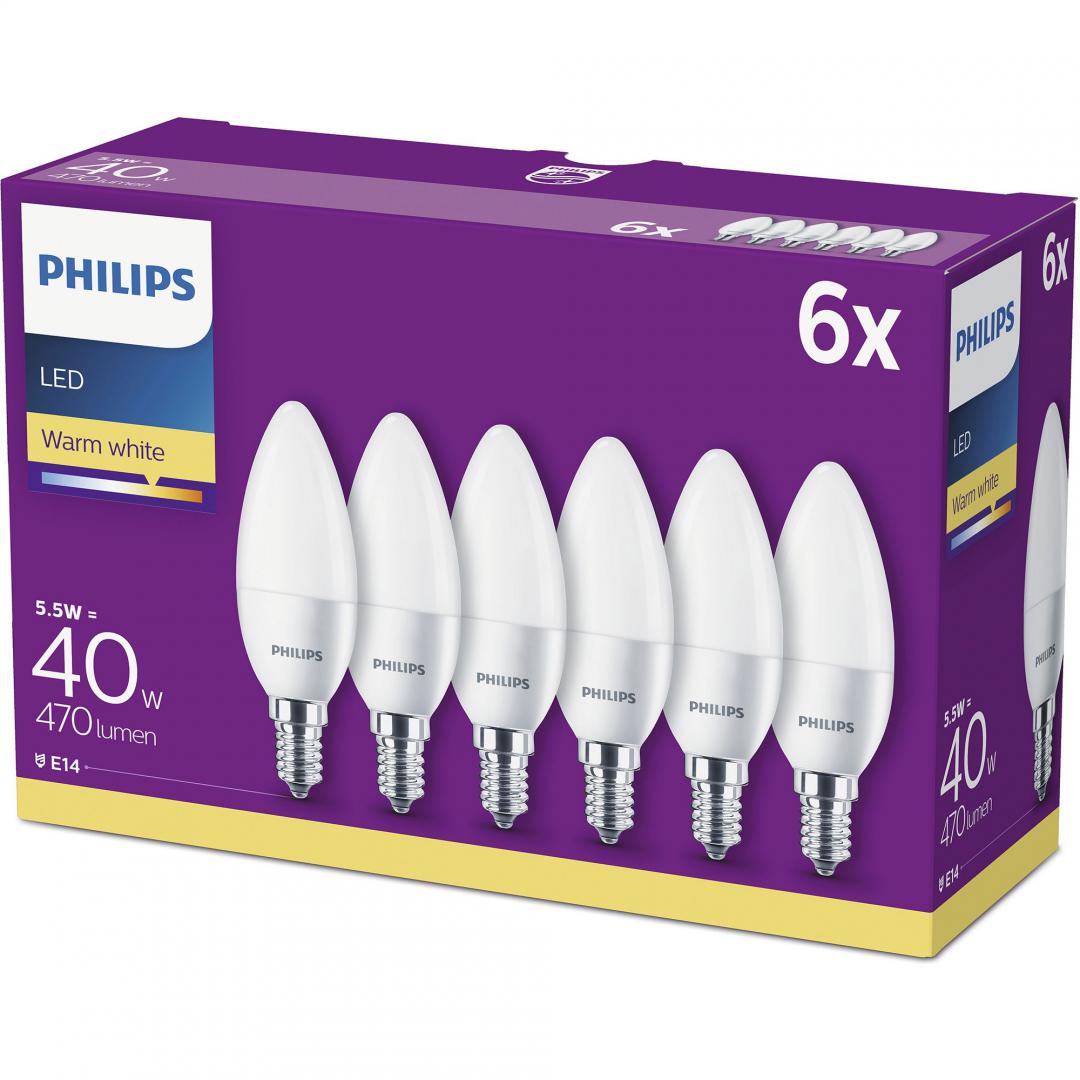 SET 6 becuri LED Philips, soclu E27, putere 5.5W, forma lumanare, lumina alb calda, alimentare 220 - 240 V, "000008718696829912" (timbru verde 2.7 lei)
