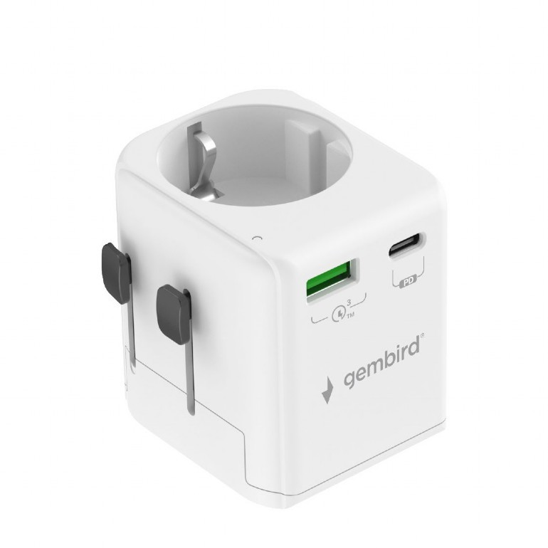 ADAPTOR GEMBIRD, universal, EU la conectori: US/UK/CN/AU, cu impamantare, 1x Schuko, 1x USB Type-C PD 20W, 1x USB-A QC 18W, siguranta 10A, max. 2500W, alb, "TPA-EU1A1C20-01-W" (timbru verde 0.18 lei)